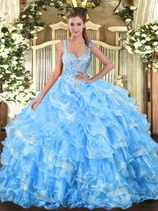 Perfect Baby Blue Organza Lace Up 15th Birthday Dress Sleeveless Floor Length Beading and Ruffled Layers