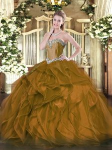Sleeveless Organza Floor Length Lace Up Quince Ball Gowns in Brown with Beading and Ruffles