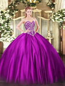 Floor Length Fuchsia Quinceanera Dress Satin Sleeveless Beading