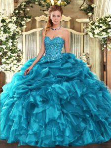 Teal 15 Quinceanera Dress Military Ball and Sweet 16 and Quinceanera with Beading and Ruffles and Pick Ups Sweetheart Sleeveless Lace Up