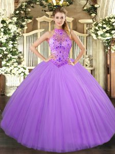 Sleeveless Tulle Floor Length Lace Up 15 Quinceanera Dress in Lavender with Beading and Embroidery