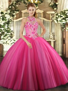 Noble Hot Pink Sleeveless Embroidery Floor Length Quinceanera Gown