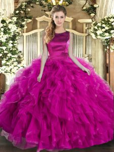 Fuchsia Ball Gowns Tulle Scoop Sleeveless Ruffles Floor Length Lace Up Sweet 16 Dress