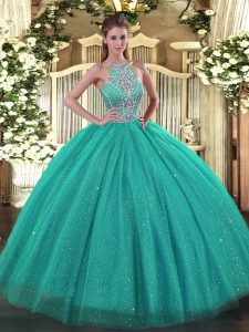 Wonderful Turquoise Sleeveless Beading Floor Length Sweet 16 Dress