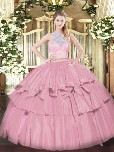 Lace and Ruffled Layers Vestidos de Quinceanera Baby Pink Zipper Sleeveless Floor Length