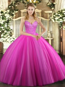 Beauteous Beading 15th Birthday Dress Fuchsia Lace Up Sleeveless Floor Length