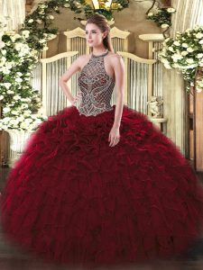 Simple Wine Red Ball Gowns Beading and Ruffles Sweet 16 Dress Lace Up Organza Sleeveless Floor Length