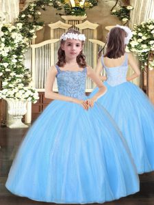 High End Floor Length Lace Up Kids Pageant Dress Baby Blue for Party and Sweet 16 and Quinceanera and Wedding Party with Beading