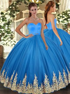 Glamorous Blue Sleeveless Appliques Floor Length Sweet 16 Dress