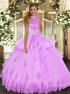 Luxury Ball Gowns 15 Quinceanera Dress Lilac Halter Top Tulle Sleeveless Floor Length Backless
