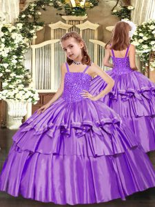Beauteous Lavender Girls Pageant Dresses Party and Sweet 16 and Quinceanera and Wedding Party with Beading and Ruffled Layers Straps Sleeveless Lace Up