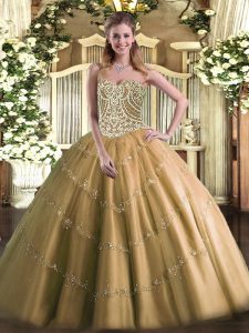 Noble Brown Ball Gowns Sweetheart Sleeveless Tulle Floor Length Lace Up Beading Ball Gown Prom Dress