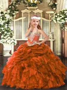 Rust Red Sleeveless Beading and Ruffles and Pick Ups Floor Length Pageant Gowns For Girls