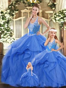 Simple Blue Straps Lace Up Beading and Ruffles Ball Gown Prom Dress Sleeveless
