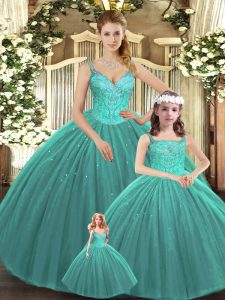 Turquoise Ball Gowns Beading Quinceanera Gowns Lace Up Tulle Sleeveless Floor Length