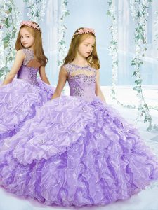 Custom Fit Lavender Scoop Neckline Beading and Ruffles and Pick Ups Kids Pageant Dress Sleeveless Lace Up