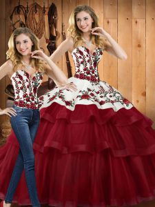 Beautiful Wine Red Ball Gowns Embroidery Quinceanera Dresses Lace Up Organza Sleeveless