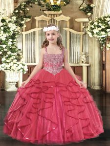 Adorable Floor Length Lace Up Winning Pageant Gowns Coral Red for Party and Sweet 16 and Quinceanera and Wedding Party with Beading and Ruffles