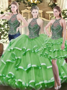 Spectacular Sleeveless Organza Floor Length Lace Up Quince Ball Gowns in Green with Beading and Ruffled Layers