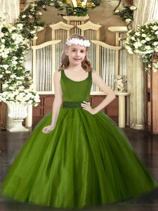Floor Length Olive Green Pageant Dress Toddler Tulle Sleeveless Beading