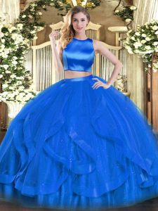 Popular Sleeveless Floor Length Ruffles Criss Cross 15th Birthday Dress with Blue