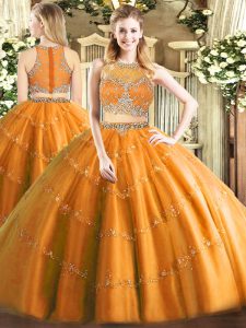 Orange Two Pieces Beading Sweet 16 Quinceanera Dress Zipper Tulle Sleeveless Floor Length