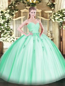 Hot Selling Sleeveless Tulle Floor Length Lace Up 15th Birthday Dress in Apple Green with Beading and Appliques