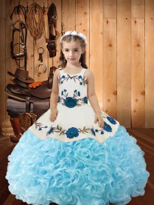 Baby Blue Straps Lace Up Beading and Ruffles Little Girls Pageant Dress Sleeveless