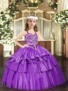 Sleeveless Organza Floor Length Lace Up Pageant Gowns For Girls in Lilac with Beading and Ruffled Layers