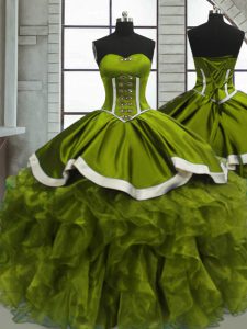 Olive Green Lace Up Quinceanera Dress Beading and Ruffles Sleeveless Floor Length