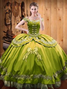 Luxurious Satin and Organza Off The Shoulder Sleeveless Lace Up Beading and Embroidery Ball Gown Prom Dress in Olive Green