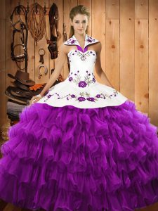 Dramatic Floor Length Eggplant Purple Sweet 16 Dresses Organza Sleeveless Embroidery and Ruffled Layers