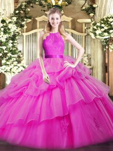 Fuchsia Scoop Zipper Lace and Ruffled Layers 15 Quinceanera Dress Sleeveless