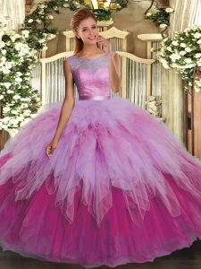 Multi-color Backless Ball Gown Prom Dress Beading and Ruffles Sleeveless Floor Length