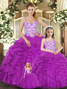 Fashion Organza Straps Sleeveless Lace Up Beading and Ruffles Quinceanera Dresses in Fuchsia