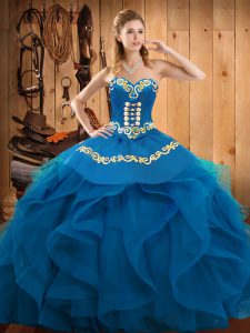 Fabulous Blue Ball Gowns Embroidery and Ruffles Sweet 16 Dresses Lace Up Organza Sleeveless Floor Length