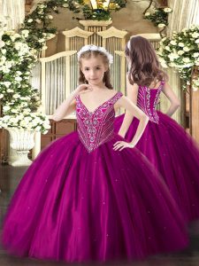 Most Popular Fuchsia Sleeveless Beading Floor Length Little Girls Pageant Dress