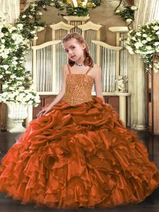 Orange Pageant Dress for Womens Party and Sweet 16 and Quinceanera and Wedding Party with Beading and Ruffles Straps Sleeveless Zipper