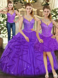Sexy Purple Lace Up Sweet 16 Dresses Beading and Ruffles Sleeveless Floor Length