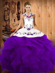 Fashion Purple Halter Top Lace Up Embroidery and Ruffles Sweet 16 Dresses Sleeveless