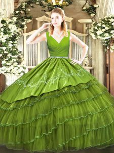 Satin and Organza V-neck Sleeveless Zipper Embroidery and Ruffled Layers Quinceanera Gowns in Olive Green