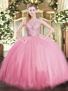 Superior Sleeveless Tulle Floor Length Backless 15th Birthday Dress in Baby Pink with Lace