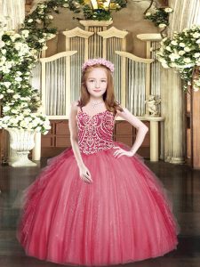 Floor Length Lace Up Little Girl Pageant Gowns Coral Red for Party and Quinceanera with Beading and Ruffles