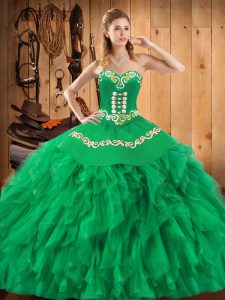 Green Sleeveless Floor Length Embroidery and Ruffles Lace Up 15th Birthday Dress