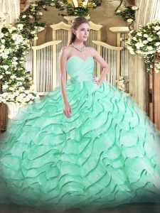Apple Green Sleeveless Brush Train Beading and Ruffled Layers Vestidos de Quinceanera