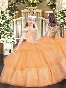 Super Orange Off The Shoulder Neckline Beading and Ruffled Layers Pageant Dress Sleeveless Lace Up