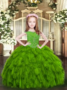 Wonderful Floor Length Green Girls Pageant Dresses Scoop Sleeveless Zipper