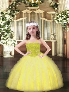 Yellow Custom Made Pageant Dress Party and Quinceanera with Beading and Ruffles Spaghetti Straps Sleeveless Lace Up