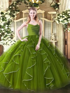 Luxury Olive Green Organza Zipper Straps Sleeveless Floor Length Quinceanera Gowns Ruffles