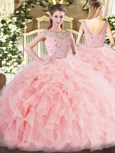 Smart Baby Pink Zipper Bateau Beading and Ruffles Vestidos de Quinceanera Tulle Sleeveless